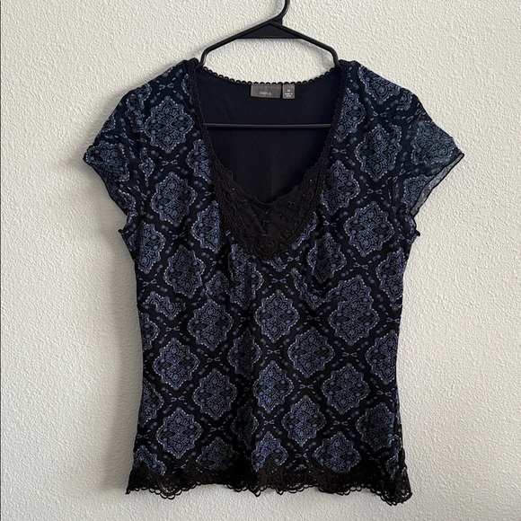Apt. 9 Tops - Y2K Sheer Mesh Lace Trim Top Blue Printed Fairy Grunge / Boho Blouse Medium